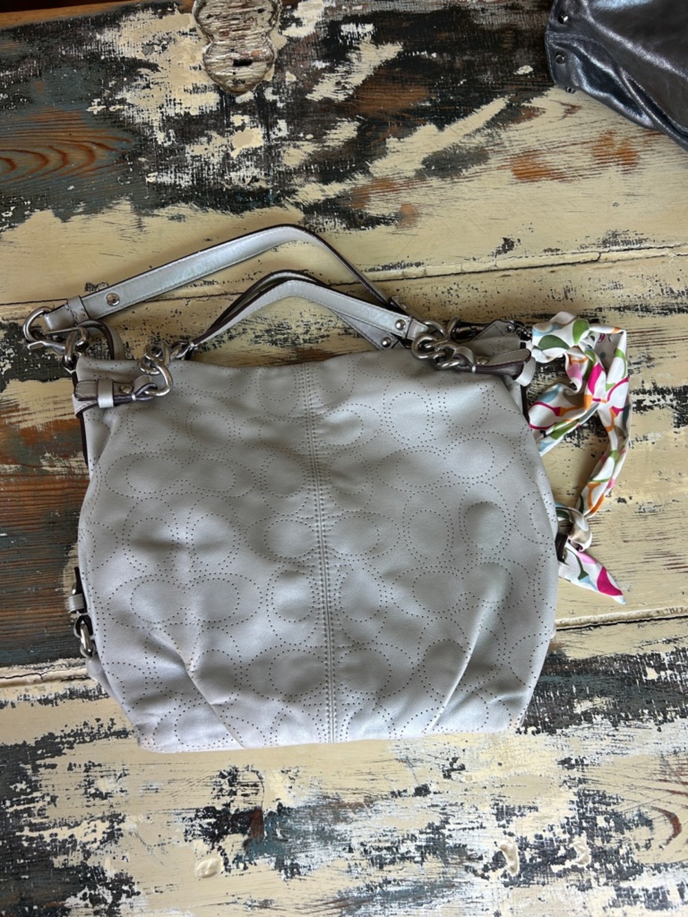 Coach Light Gray Leather Shoulder Bag with Scarf Accent